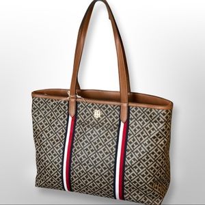 TOMMY HILFIGER WOMEN'S TOTE - BROWN LOGO w/RWB STRIPES New with Tags Free Ship